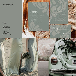 Etiqueta Dirección del Boda Clásico de Earthy Olive Damask