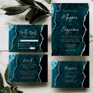 Invitación Boda de Escritura Moderna en Plata y Ágata Azul Tu