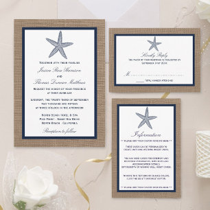 Invitación Todo En Uno La colección de bodas Starfish Burlap Beach de la 