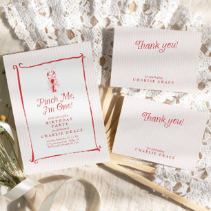Invitación Pellízcame Cumplo Un Año Langosta Rosa Vintage 1er