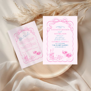 Tarjeta De Recepción Funky Retro Hand dibujó la Torre de Champagne Boda