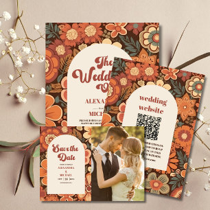 Invitación QR Código Arch Groovy Retro Boda Floral 70