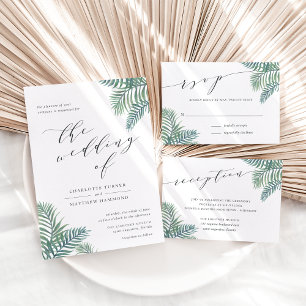 Tarjeta de recepción de boda con follaje tropical