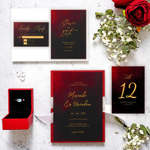 Invitación Elegante Boda de caligrafía de negro rojo y oro