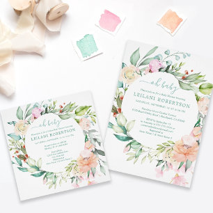 Invitación Wreath Floral de color de agua Oh Bebé Pastel Duch