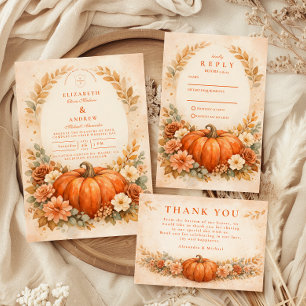 Tarjeta De Agradecimiento Boda de otoño floral de calabaza rústica