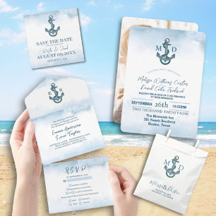 Invitación Todo En Uno Boda Náutico Ancla de color Azul de Playa