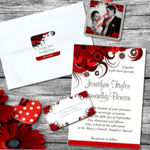 Elegante Invitación a la boda floral blanca y roja