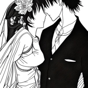 Pegatina Cuadrada Novia de anime negra y blanca y Groom