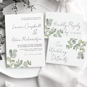Invitación Todo En Uno Boda de caligrafía de eucalipto verde sage simple