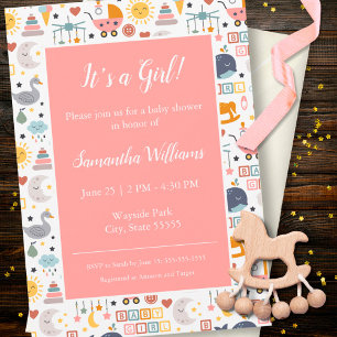 Invitación Con Relieve Metalizado Patrón de Baby Shower Gold de la chica pequeña