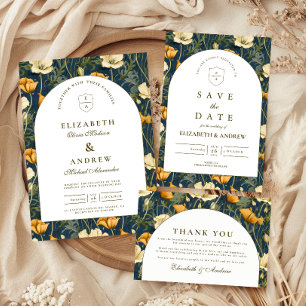 Invitación Boda elegante con arco floral azul marino