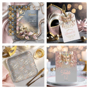 Invitación Dulce 16 Rosa de Masquerade Gold ID1032