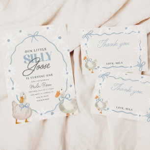 Tarjeta De Agradecimiento Blue Bow Silly Goose Coquette Cumpleaños