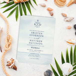 Invitación Monograma Acuarela Océano Anclaje Náutico Boda