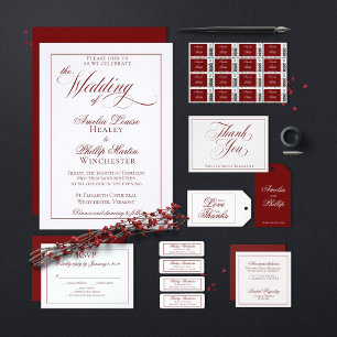 Elegante Invitación a la Boda Roja y Blanca Garnet