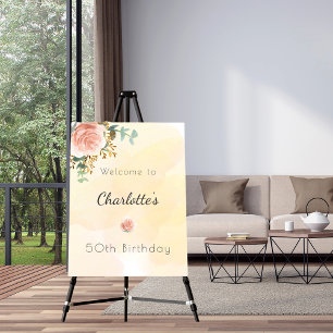 Invitación 50.º cumpleaños rosa floral oro eucalipto verde