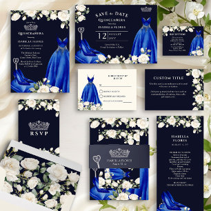 Invitación Vestido Princesa y Rosas Azul Quinceanera