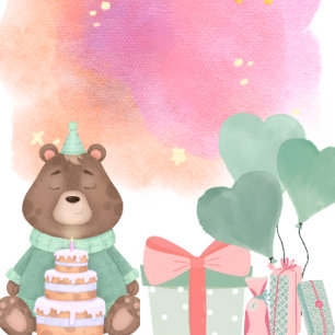 Plato de Cumpleaños de Oso con Acuarela Pastel