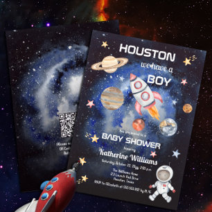 Invitación Con Relieve Metalizado Espacio Ultraterrestre Houston Tenemos un niño Bab