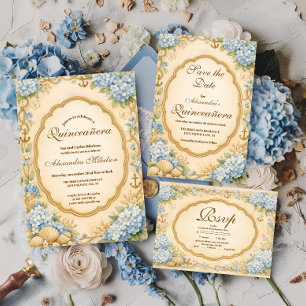 Tarjeta De Confirmación De Asistencia Quinceañera Vintage Costera con Hortensias