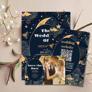 Invitación Boda Celeste de oro azul de medianoche