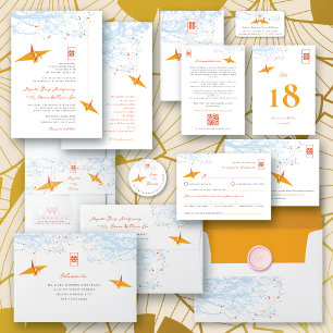 Tarjeta De Confirmación De Asistencia Grullas de papel naranja colgantes 囍 Boda china