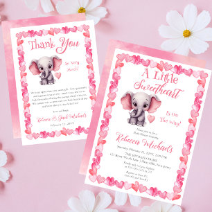 Tarjeta De Agradecimiento Baby Shower Chica de Elephant Pink Hearts