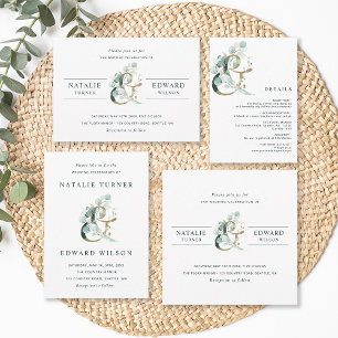 Invitación Eucalyptus Ampersand Gold Green Boda Square