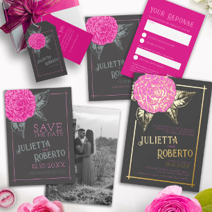 Invitación Con Relieve Metalizado Crema de boda de camellia de tinta, gris azul, oro