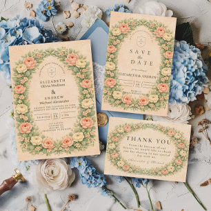 Tarjeta De Agradecimiento Boda Romántica Vintage con Arco de Rosas