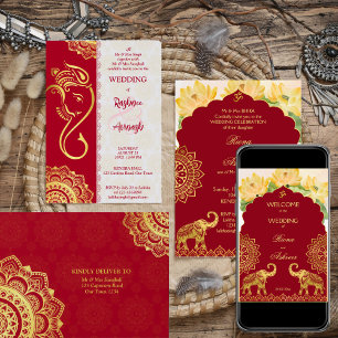 Invitación elefantes de color marrón y oro boda indio de lujo