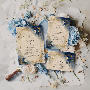 Tarjeta De Agradecimiento Boda Celestial Noche Dorada