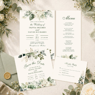 Tarjeta de aviso de boda en verde salvia y flor si