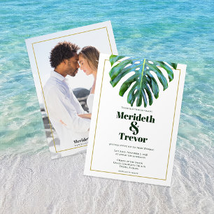 Invitación Playa Tropical Monstera Leaf Gold Moderno Negrita 