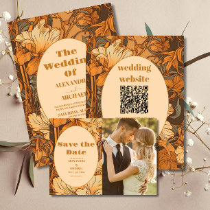 Invitación Todo En Uno Boda QR Code Gold Floral Art Nouveau