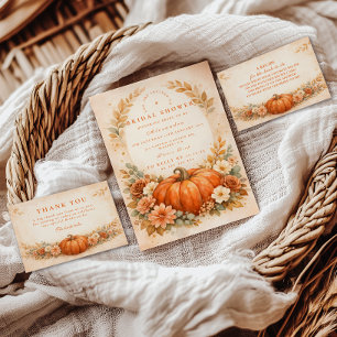 Tarjeta De Agradecimiento Ducha de Novia Floral de Calabaza Rústica de Otoño