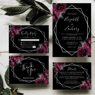 Invitación Marco plateado floral de Borgoña Boda negro