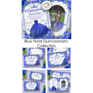 Pegatina Redonda Purpurina azul real Floral Sparkle Quinceanera