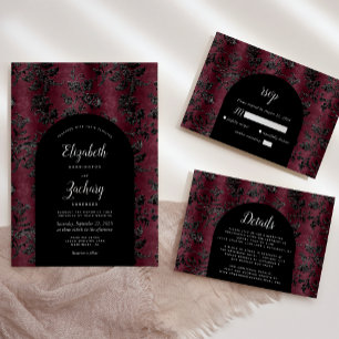 Invitación Moody Burgundy Black Damask Arch Dark Boda