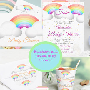 Invitación Gemelos Baby Shower Nubes arcoiris coloridas