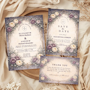 Tarjeta De Agradecimiento Boda Romántica Gótica con Flores Pastel