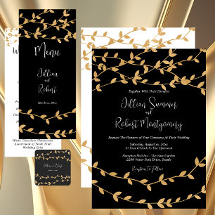 Pegatina Cuadrada Elegante negro y blanco con Boda de hojas de oro