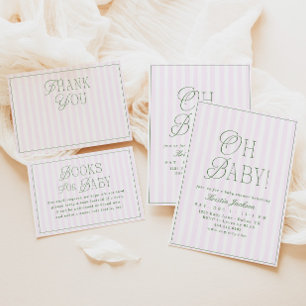 Tarjeta De Agradecimiento Chica Preppy Rosa y Verde Baby Shower de Rayas