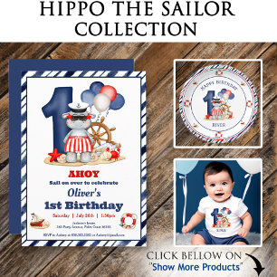 Camiseta De Bebé Cute Hippo Nautical Primer niño de cumpleaños