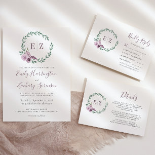 Tarjeta De Confirmación De Asistencia Monograma Boda Morado Verde Floral