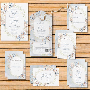 Tarjeta De Agradecimiento Boda blanco de flores de boho secas azules