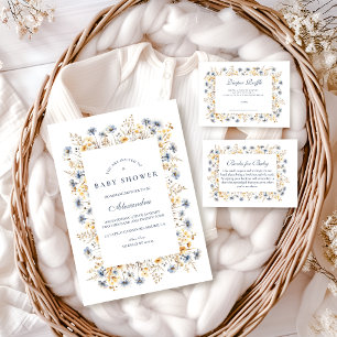 Invitación Ducha de Bebé Flor Silvestre Azul Dorado