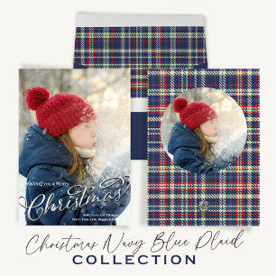 Feliz Navidad caligrafía Marina Blue Red Plaid