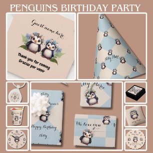 Invitación Cute pingüinos Nombre Bilingüe Texto Español-Eng